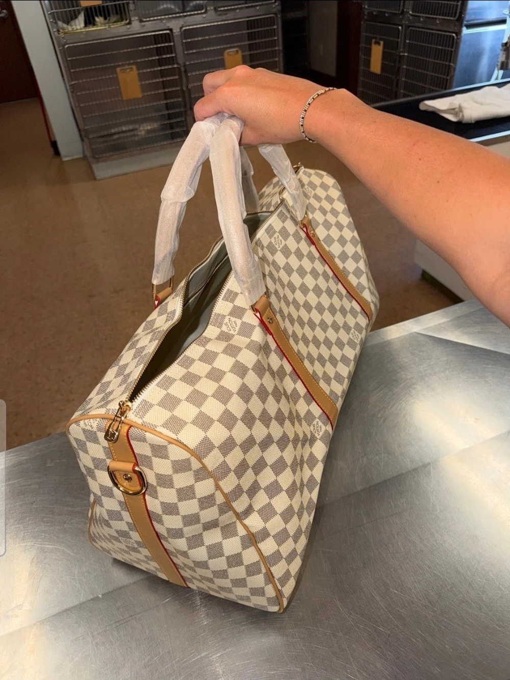 Women’s Checkerboard Carryall Bag in Cream and Tan
